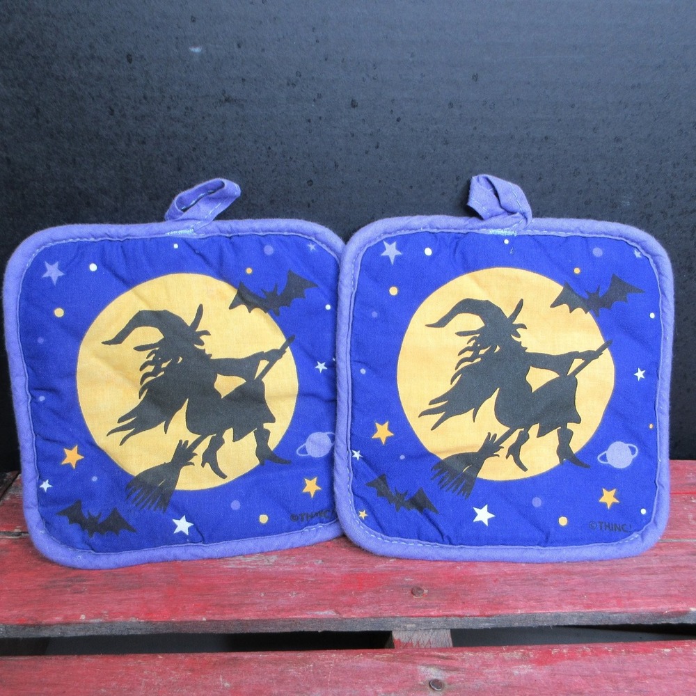 VTG Halloween Witch Potholders Set of 2 Purple Blue Yellow Kitchen Decor Cotton